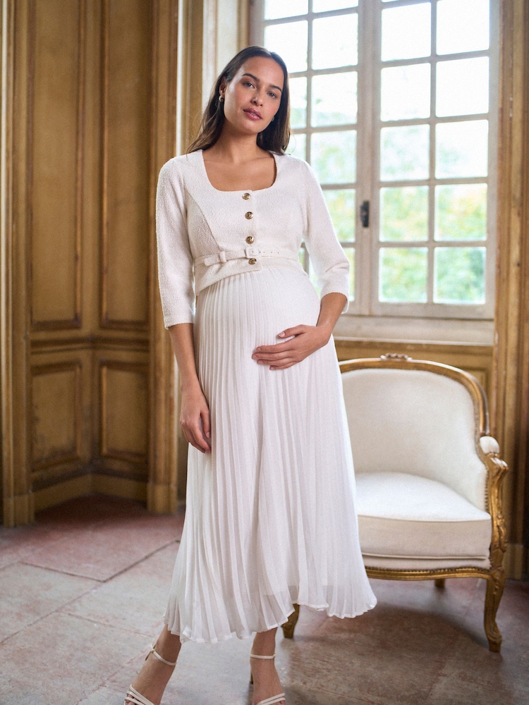 Buy Seraphine White Ivory Occasion Maternity & Nursing Bridal Dress With Tweed Bodice & Floaty Pleated Skirt from Next USA Buy Seraphine White Ivory Occasion Maternity & Nursing Bridal Dress With Tweed Bodice & Floaty Pleated Skirt from Next USA