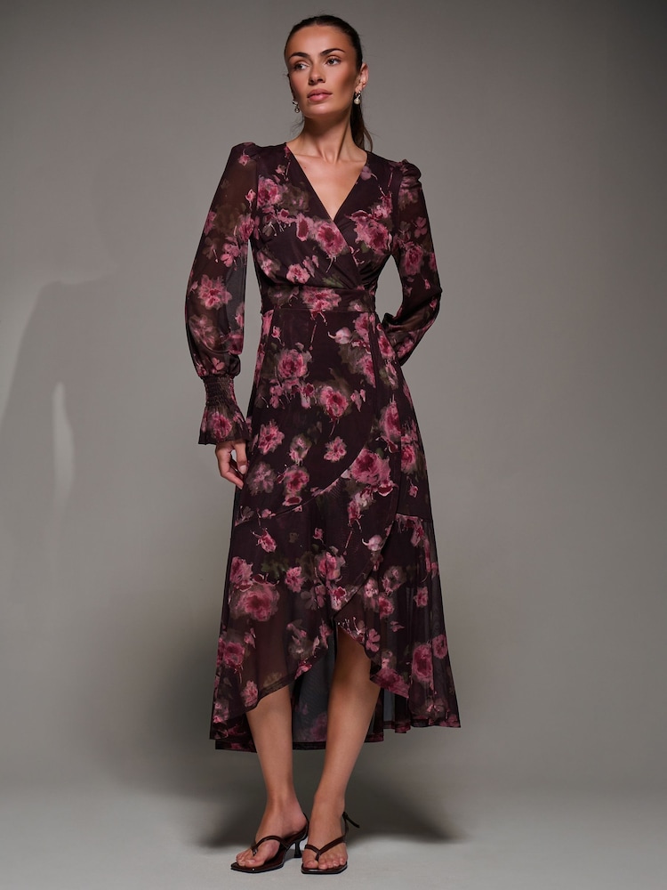 Jolie Moi Red Ruffle Cuffed Sleeve Frill Mesh Maxi Dress - Image 1 of 6 Jolie Moi Red Ruffle Cuffed Sleeve Frill Mesh Maxi Dress - Image 1 of 6