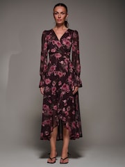 Jolie Moi Red Ruffle Cuffed Sleeve Frill Mesh Maxi Dress - Image 2 of 6