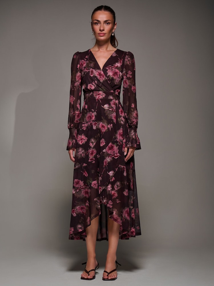 Jolie Moi Red Ruffle Cuffed Sleeve Frill Mesh Maxi Dress - Image 2 of 6 Jolie Moi Red Ruffle Cuffed Sleeve Frill Mesh Maxi Dress - Image 2 of 6
