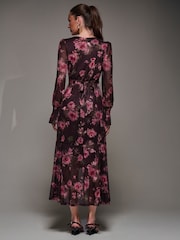 Jolie Moi Red Ruffle Cuffed Sleeve Frill Mesh Maxi Dress - Image 3 of 6
