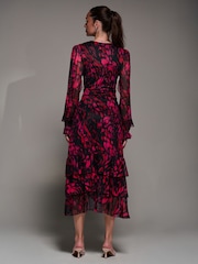 Jolie Moi Red Long Sleeve Frill Detail Mesh Maxi Dress - Image 2 of 6