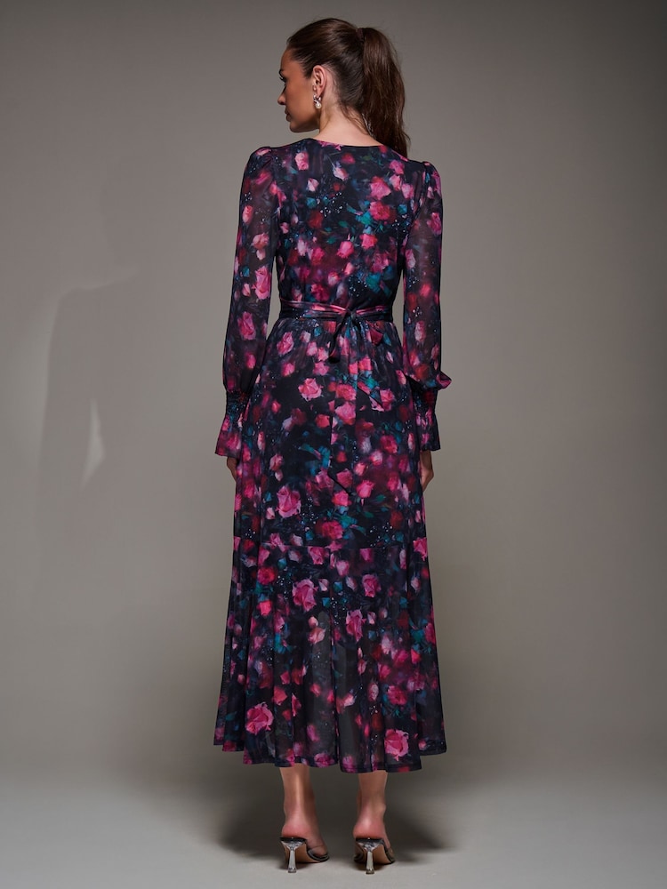 Jolie Moi Pink Ruffle Cuffed Sleeve Frill Mesh Maxi Dress - Image 2 of 6
