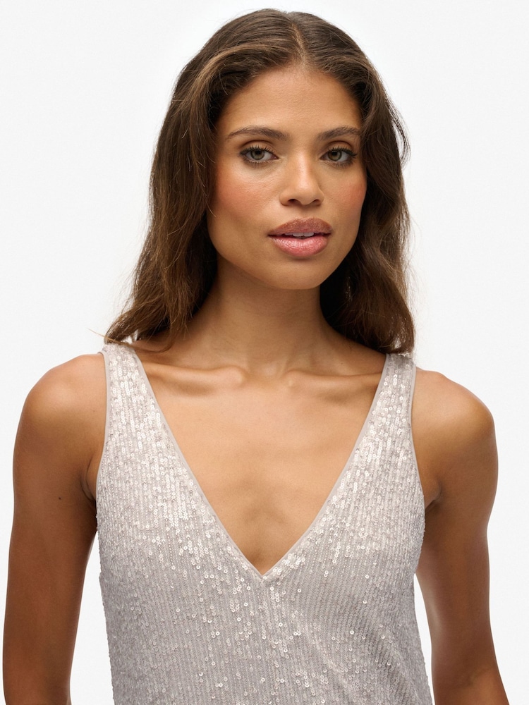 superdry silver dress Superdry Women's Maxi Sequin V Neck Dress Silver / Silver Sequin