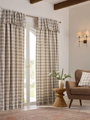 Natural Woven Gingham Check Ruffle Top Fold Over Lined Curtains - Image 2 of 5