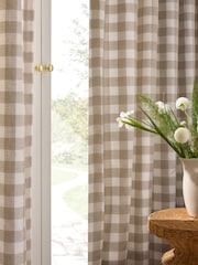 Natural Woven Gingham Check Ruffle Top Fold Over Lined Curtains - Image 4 of 5