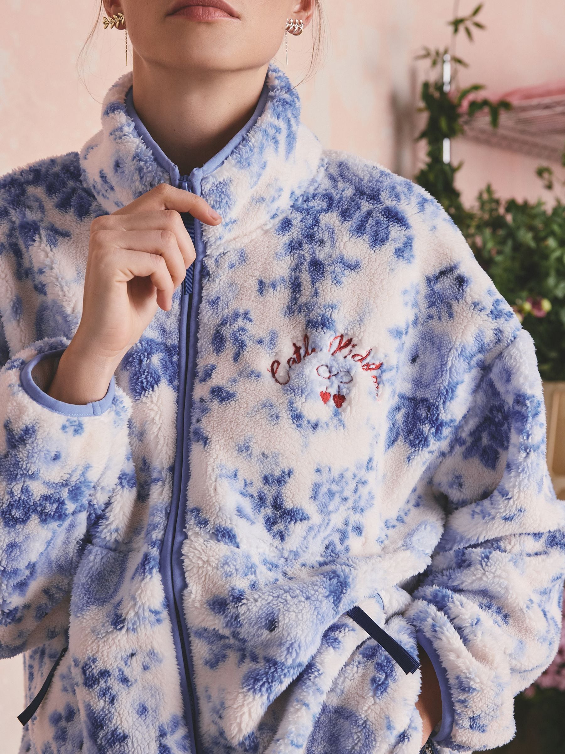 Buy Cath Kidston Blue Hackney Rose Floral Borg Zip Up Fleece