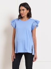 Seraphine Light Blue Maternity Cotton Jersey Top with Broderie Trim - Image 4 of 6