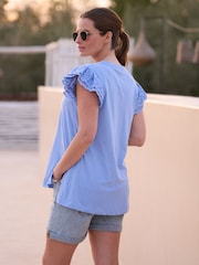 Seraphine Light Blue Maternity Cotton Jersey Top with Broderie Trim - Image 5 of 6