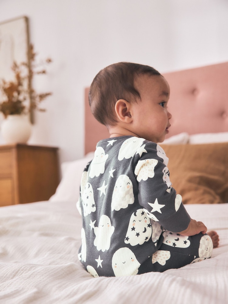 Grey Halloween Ghost Two Way Zip Baby Sleepsuit (0mths-3yrs) - Image 2 of 9 Grey Halloween Ghost Two Way Zip Baby Sleepsuit (0mths-3yrs) - Image 2 of 9