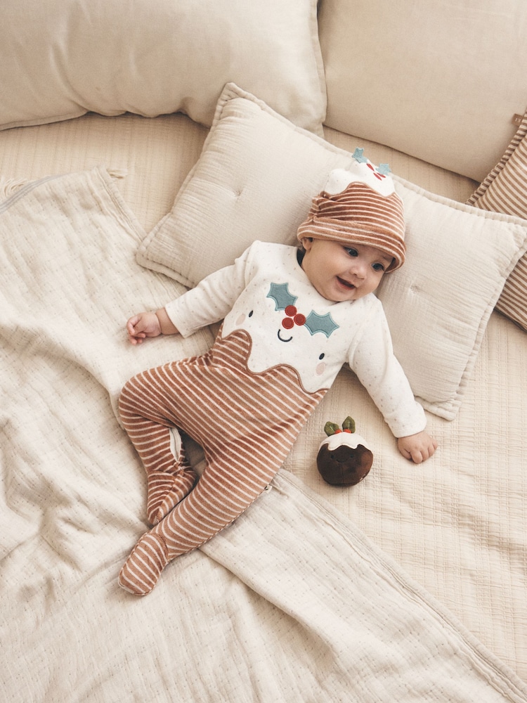 Neutral Christmas Pudding Sleepsuit & Hat Set (0mths-2yrs) - Image 1 of 10 Neutral Christmas Pudding Sleepsuit & Hat Set (0mths-2yrs) - Image 1 of 10