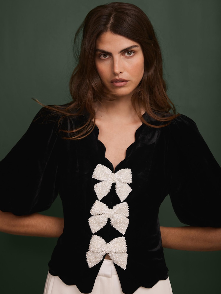 Mint Velvet Black Velvet Scallop Trim Top - Image 1 of 7