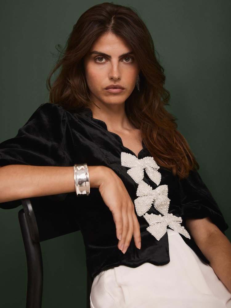 Mint Velvet Black Velvet Scallop Trim Top - Image 2 of 7