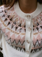 Mint Velvet White Fair Isle Sequin Cardigan - Image 3 of 8