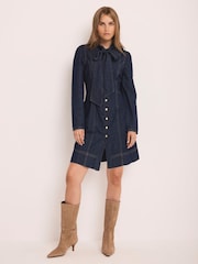Mint Velvet Blue Denim Pussy Bow Mini Dress - Image 2 of 7