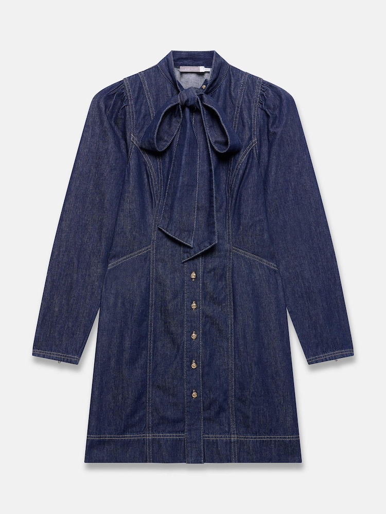 bow denim dress Denim Long Sleeve Dress w/Front Bow Tie ILD4766