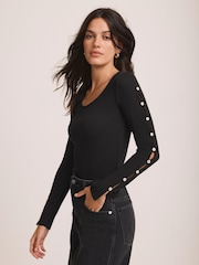 Mint Velvet Black Cotton Blend Button Trim Top - Image 2 of 8