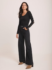 Mint Velvet Black Cotton Blend Button Trim Top - Image 3 of 8