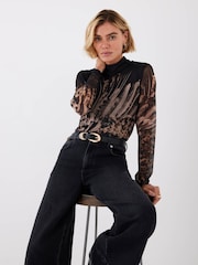 Mint Velvet Gold Feather Print Mesh Top - Image 1 of 7