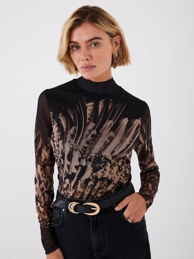 Mint Velvet Gold Feather Print Mesh Top - Image 2 of 7