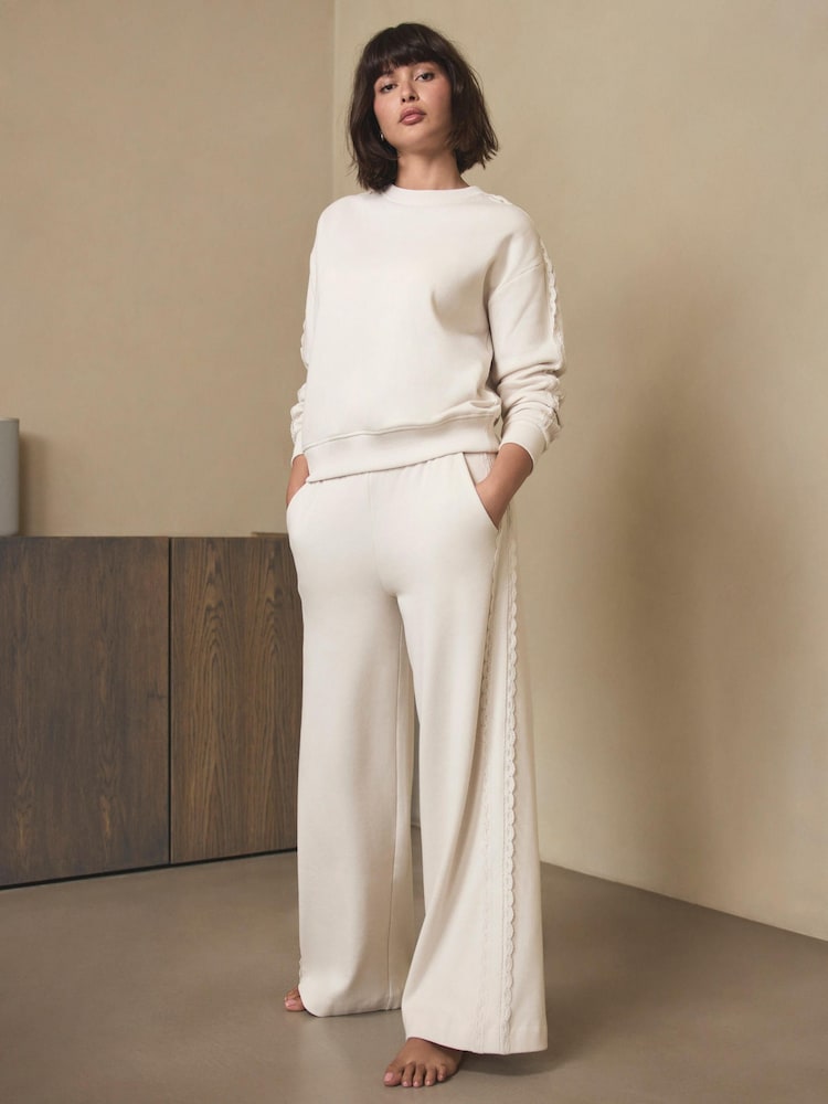 Mint Velvet Cream Cotton Blend Lace Trim Joggers - Image 2 of 6 Mint Velvet Cream Cotton Blend Lace Trim Joggers - Image 2 of 6