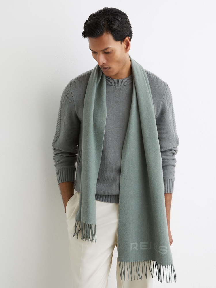Reiss Soft Sage Green Picton Logo Wool-Cashmere Logo Scarf - Image 1 of 5