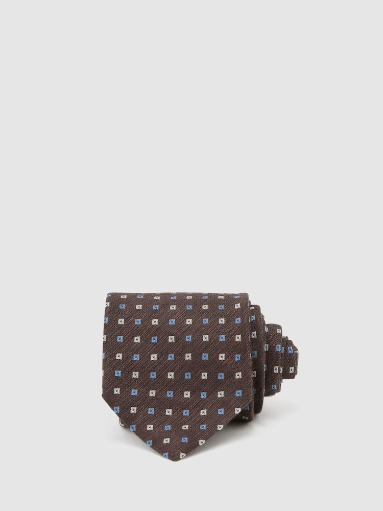 Reiss Chocolate Brown Salvatore Linen-Silk Blend Micro-Square Tie - Image 2 of 6