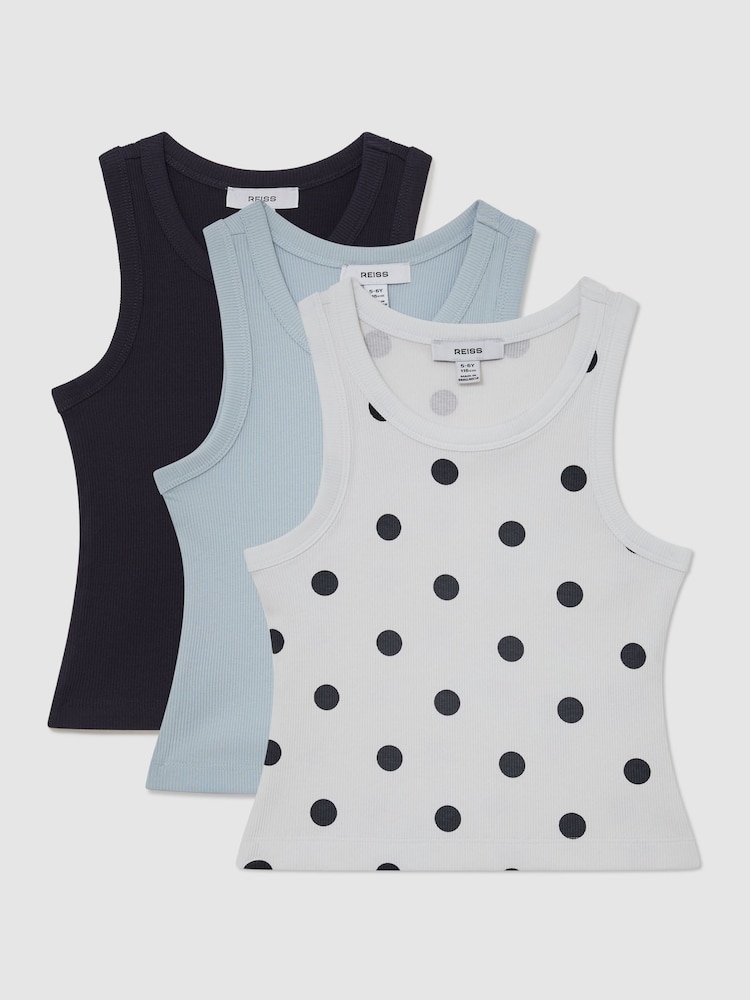 Reiss White Print Violet 3 Pack Stretch-Cotton Ribbed Vests - Image 2 of 3