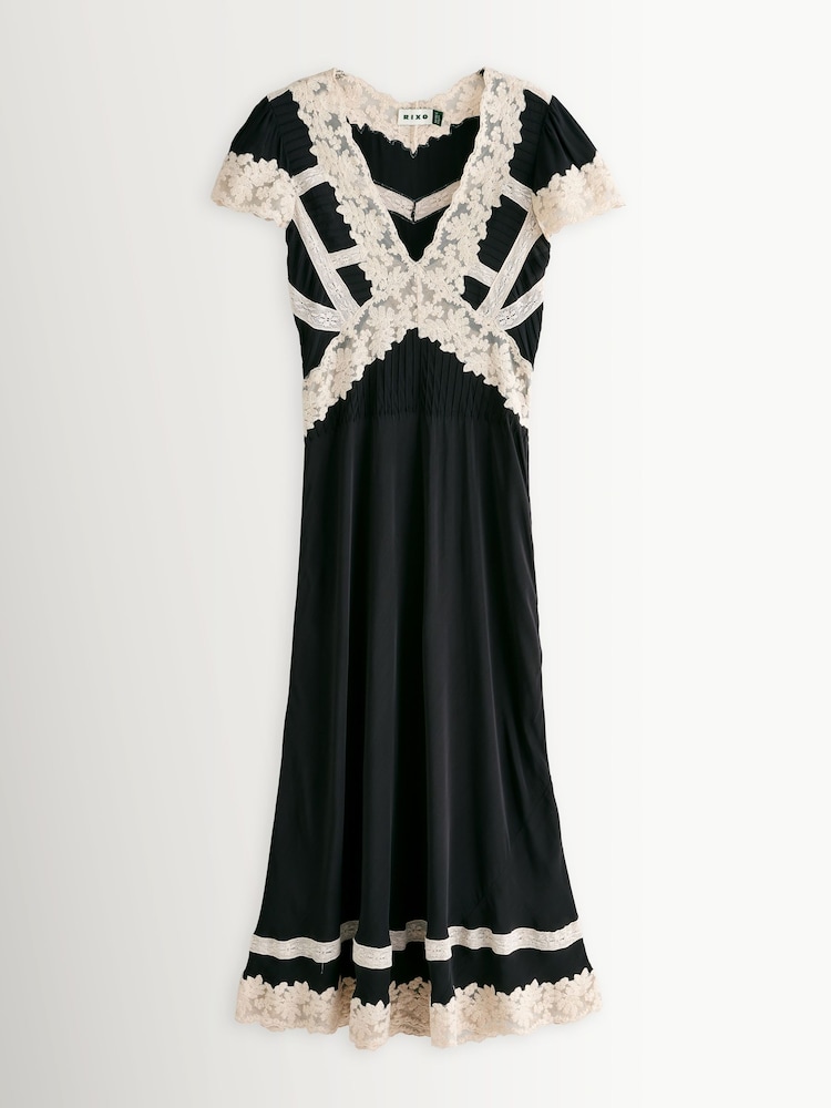 Rixo Black Martina Lace Trim Midi Dress - Image 1 of 1