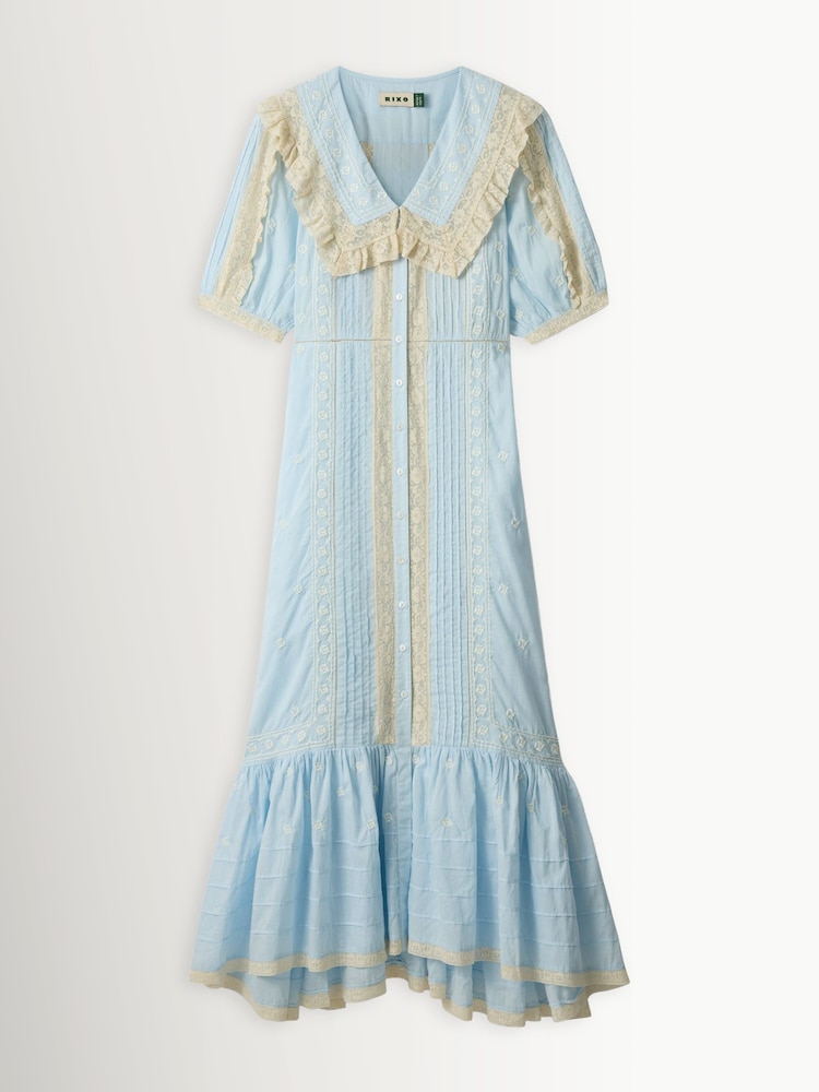 Rixo Embroidery Powder Blue Edina Mira Midi Dress - Image 1 of 1