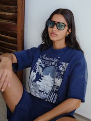 Indigo Blue Short Sleeve Washed Graphic Sweat Top - Image 1 of 9