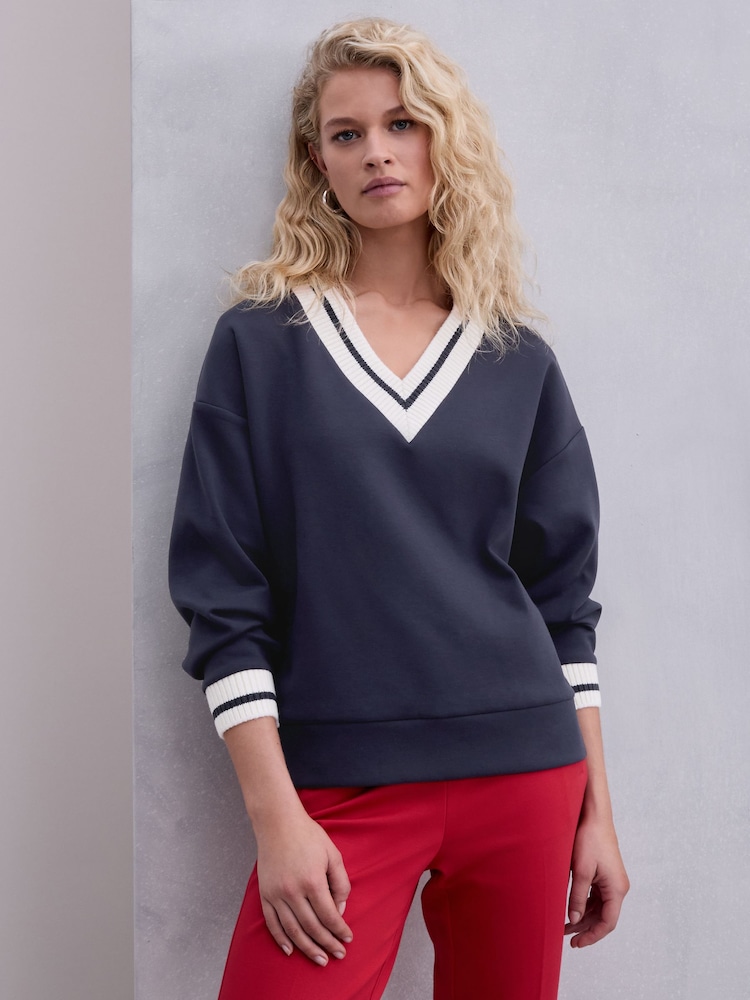 Navy/Cream Slinky Suba V-Neck Contrast Collar Sweatshirt - Image 1 of 4 Navy/Cream Slinky Suba V-Neck Contrast Collar Sweatshirt - Image 1 of 4