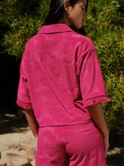 Magenta Pink Jacquard Towelling Fringe Summer Short Sleeve Shirt - Image 4 of 8