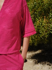 Magenta Pink Jacquard Towelling Fringe Summer Short Sleeve Shirt - Image 5 of 8