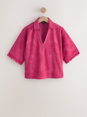Magenta Pink Jacquard Towelling Fringe Summer Short Sleeve Shirt - Image 6 of 8