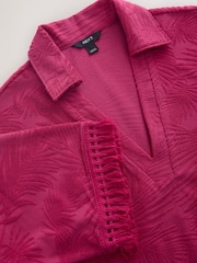 Magenta Pink Jacquard Towelling Fringe Summer Short Sleeve Shirt - Image 7 of 8
