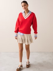 Red Slinky Suba V-Neck Contrast Collar Sweatshirt - Image 2 of 9