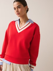 Red Slinky Suba V-Neck Contrast Collar Sweatshirt - Image 6 of 9