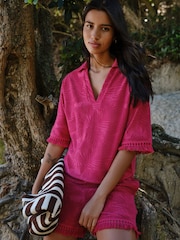 Magenta Pink Jacquard Towelling Fringe Summer Shorts - Image 1 of 7