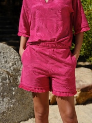 Magenta Pink Jacquard Towelling Fringe Summer Shorts - Image 2 of 7