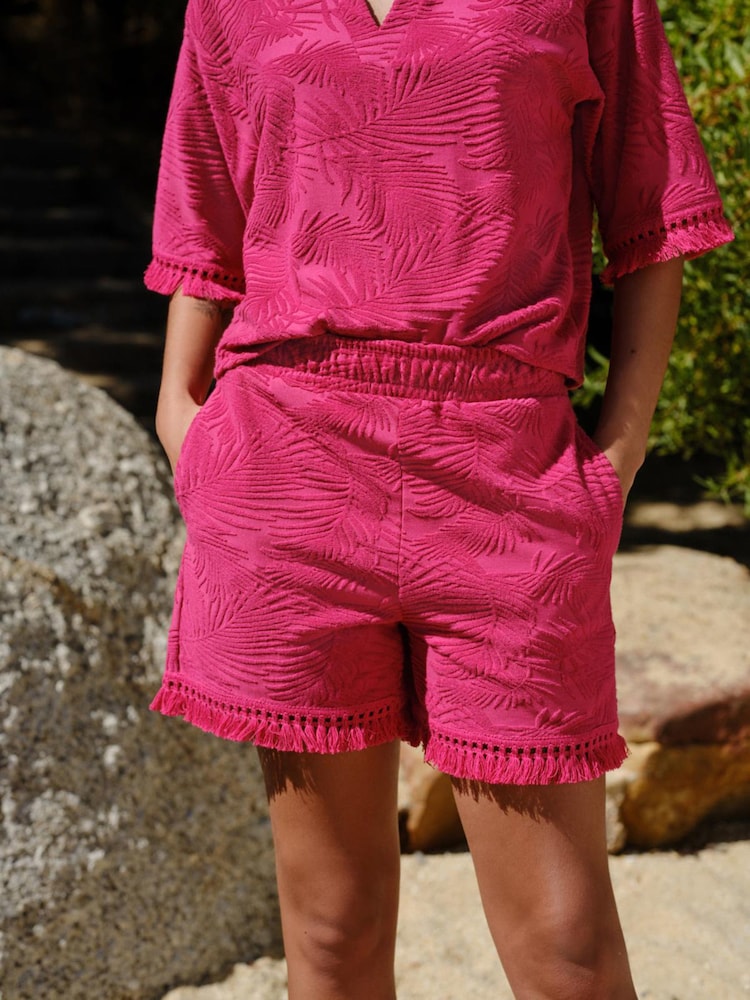 Magenta Pink Jacquard Towelling Fringe Summer Shorts - Image 2 of 7 Magenta Pink Jacquard Towelling Fringe Summer Shorts - Image 2 of 7