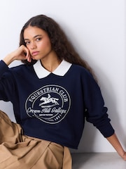 Navy/White Contrast Collar Graphic Sweatshirt - Image 1 of 7