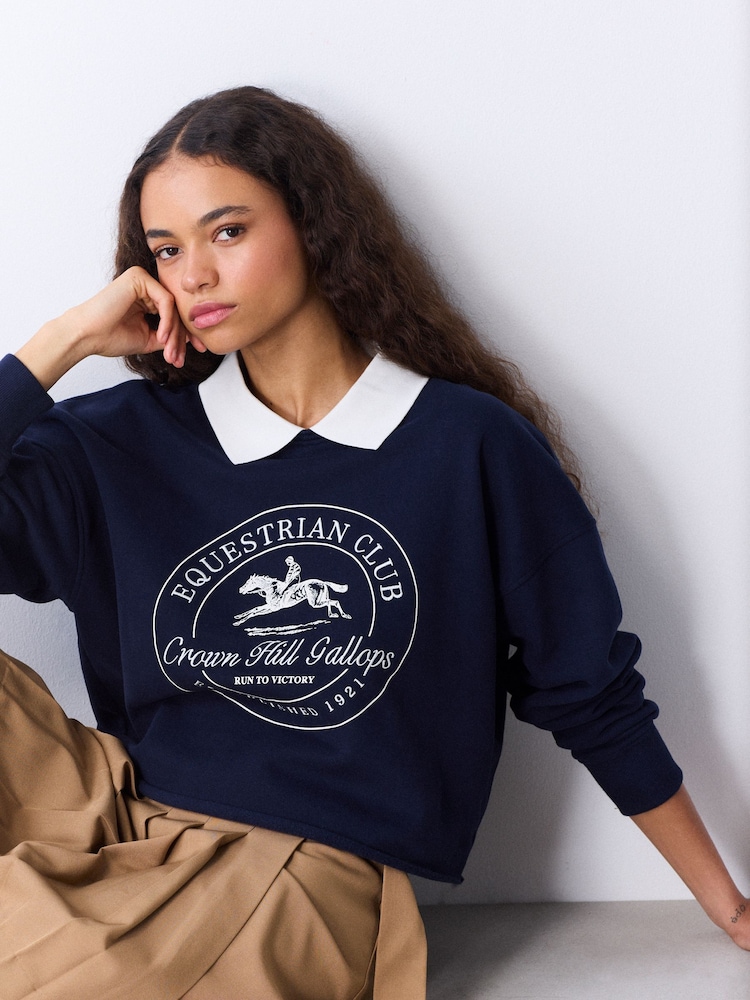 Navy/White Contrast Collar Graphic Sweatshirt - Image 1 of 7