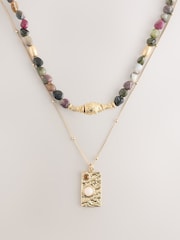 Multi/Gold Tone - Semi-Precious Stone 2 Layer Necklace - תמונה 4 מתוך 6