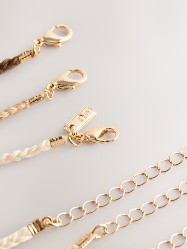 Gold Tone/Brown Cord Disc Drop 3 Layer Necklace - Image 6 of 6