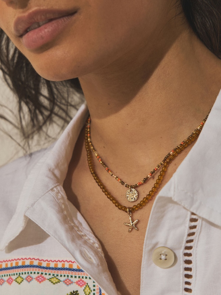 Brown Bead Summer Charm 2 Layer Necklace - Image 1 of 5