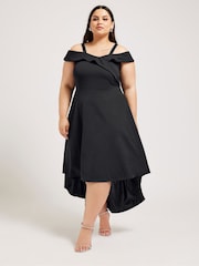 YOURS LONDON Curve Black Black Bardot Dipped Hem Dress - Image 1 of 5