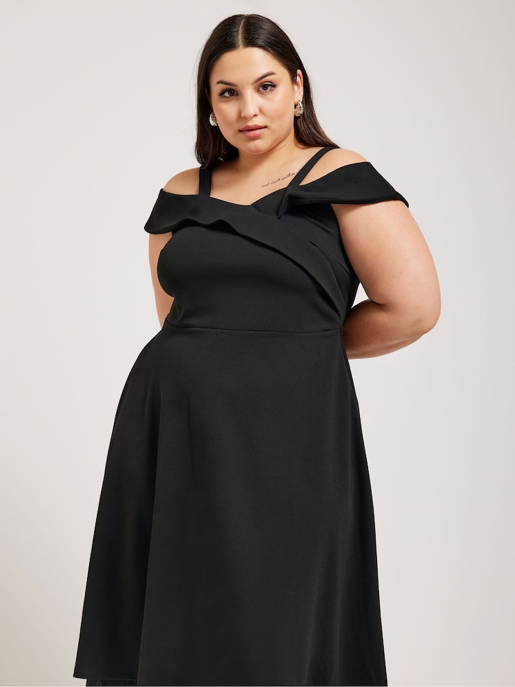 YOURS LONDON Curve Black Black Bardot Dipped Hem Dress - Image 2 of 5 YOURS LONDON Curve Black Black Bardot Dipped Hem Dress - Image 2 of 5