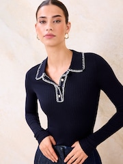 Lipsy Navy Blue Whipstitch Collared Buttoned Polo Knit Long Sleeve Top - Image 1 of 4