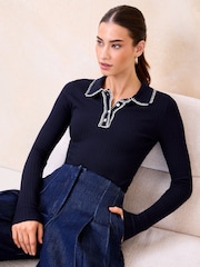Lipsy Navy Blue Whipstitch Collared Buttoned Polo Knit Long Sleeve Top - Image 2 of 4